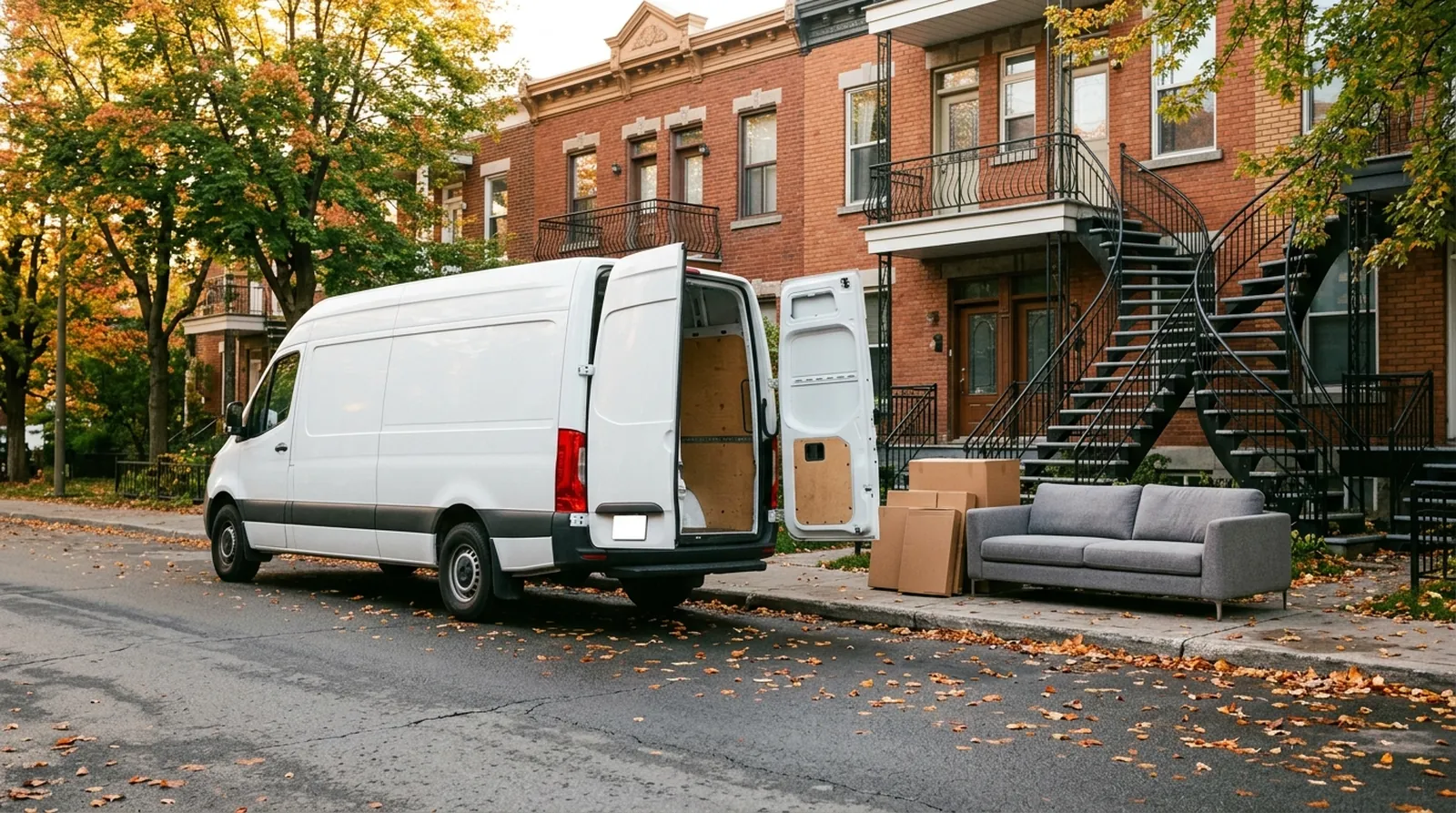 A white cargo van parked in front of Montreal triplexes with furniture boxes on the sidewalk