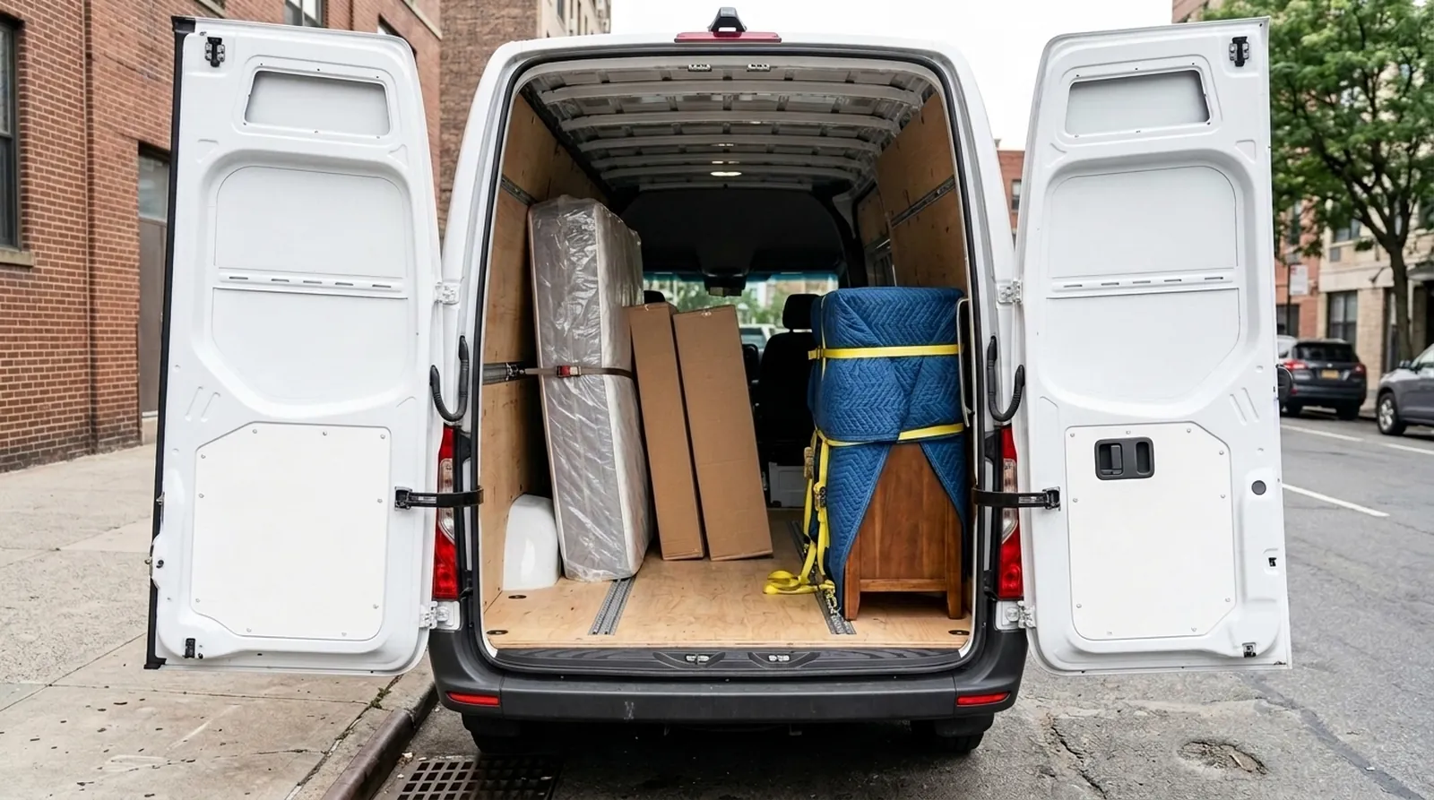 L'arrière ouvert d'une fourgonnette, des boîtes et un matelas attachés à l'intérieur
